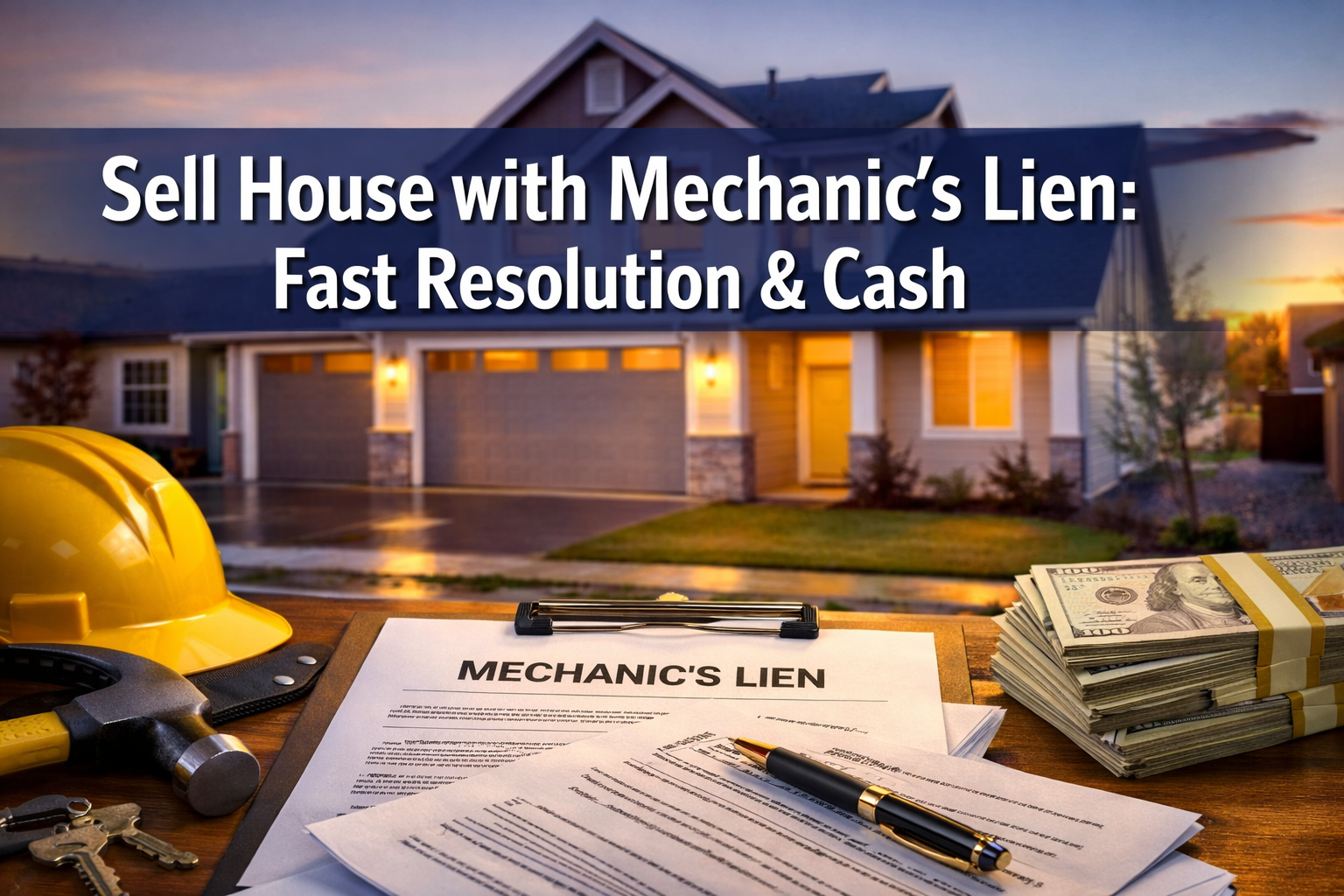 Professional landscape format (1536x1024) hero image featuring bold text overlay 'Sell House with Mechanic's Lien: Fast Resolution & Cash' i