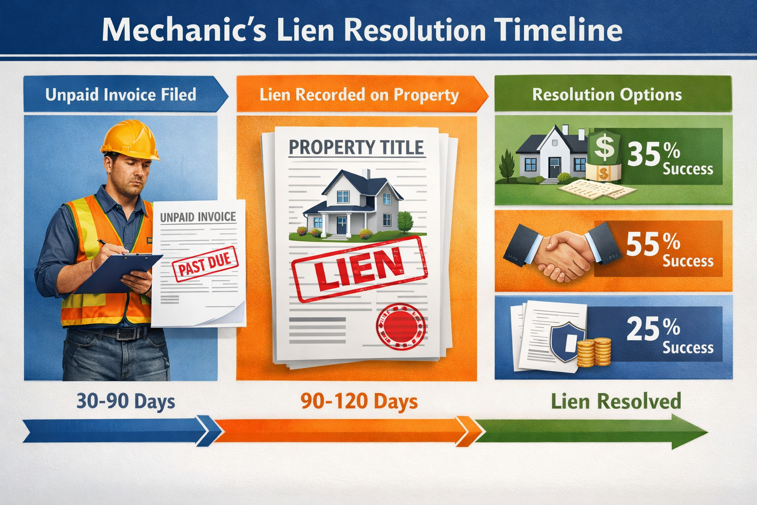 Landscape format (1536x1024) detailed infographic showing mechanic's lien resolution timeline with clear visual flowchart. Left side display