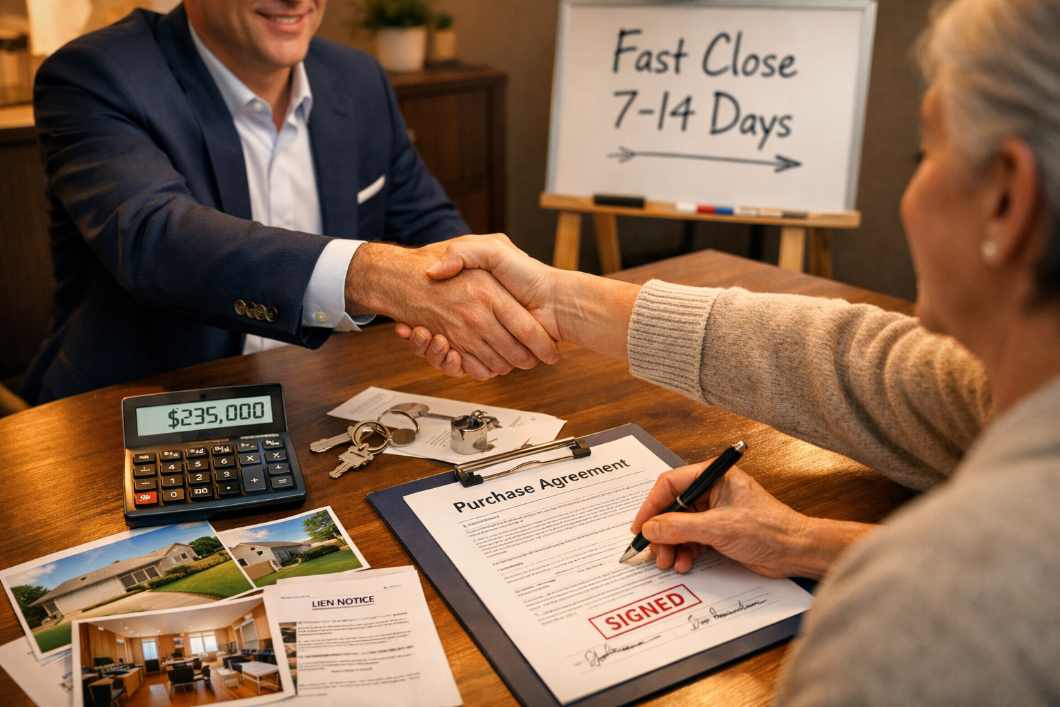 Landscape format (1536x1024) professional photograph showing cash home buyer consultation scene. Modern office setting with real estate inve