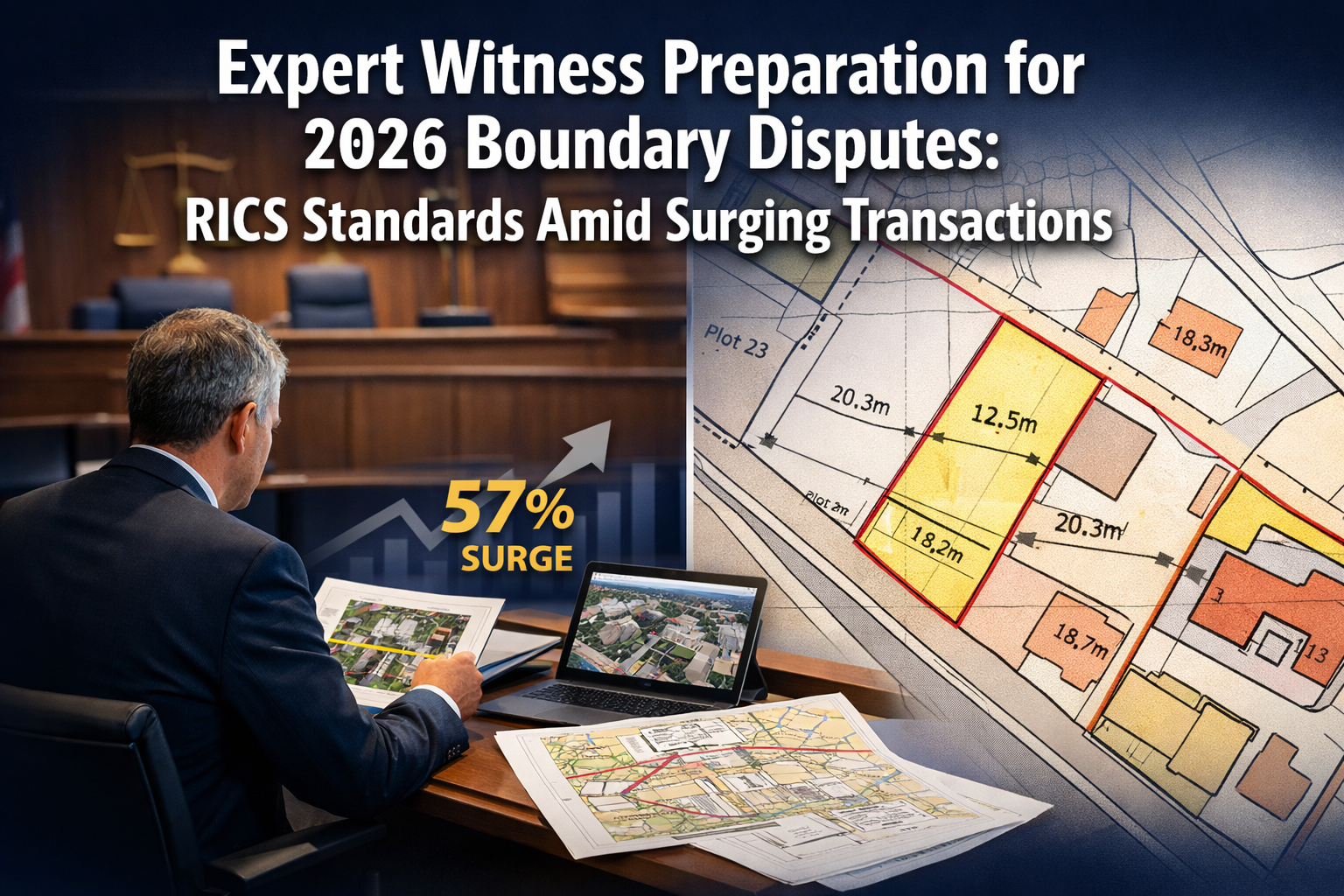 Professional landscape format (1536x1024) editorial hero image with bold text overlay 'Expert Witness Preparation for 2026 Boundary Disputes