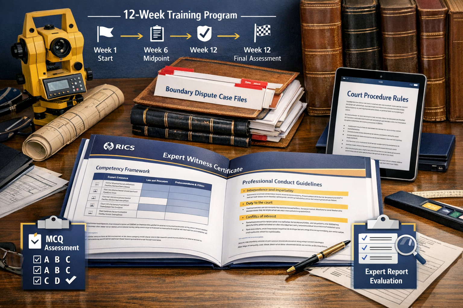 Detailed landscape format (1536x1024) image showing RICS professional standards documentation and expert witness certification materials spr