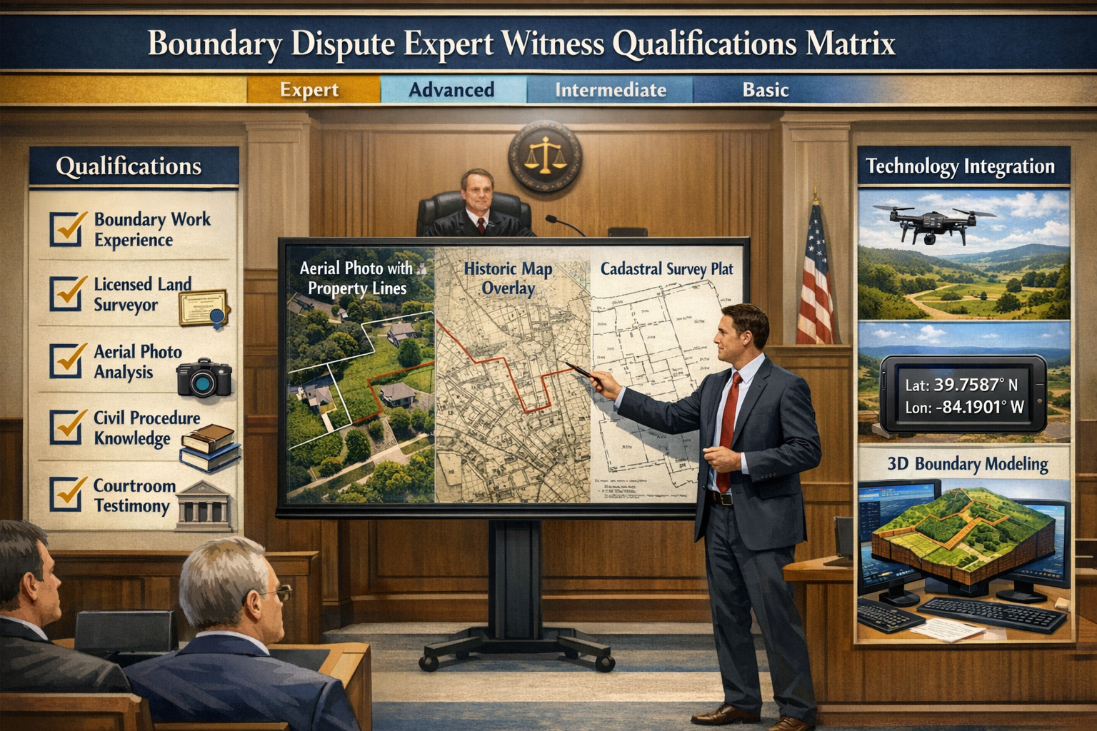 Comprehensive landscape format (1536x1024) infographic-style image displaying boundary dispute expert witness qualifications matrix. Central