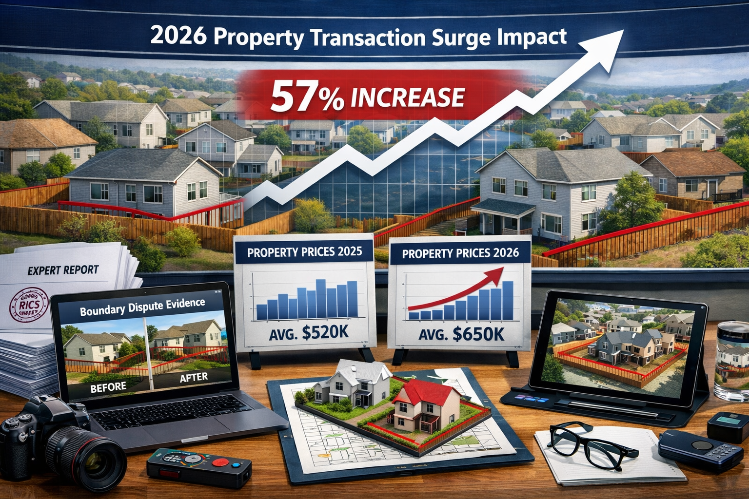 Dynamic landscape format (1536x1024) image illustrating 2026 property transaction surge impact on boundary disputes. Central focus shows upw