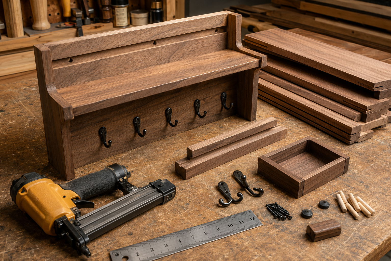 A close-up, elevated view of a partially assembled DIY Wooden Key Holder: Multi-Hook Wall Mount with Integrated Shelf,