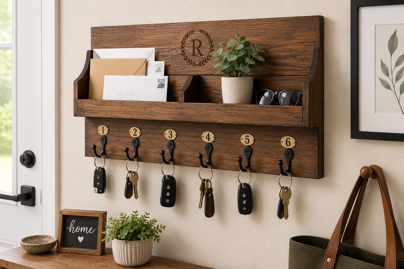 An instructional overhead shot of a finished DIY Wooden Key Holders: Multi-Hook Wall Mount with Integrated Shelves, mounted
