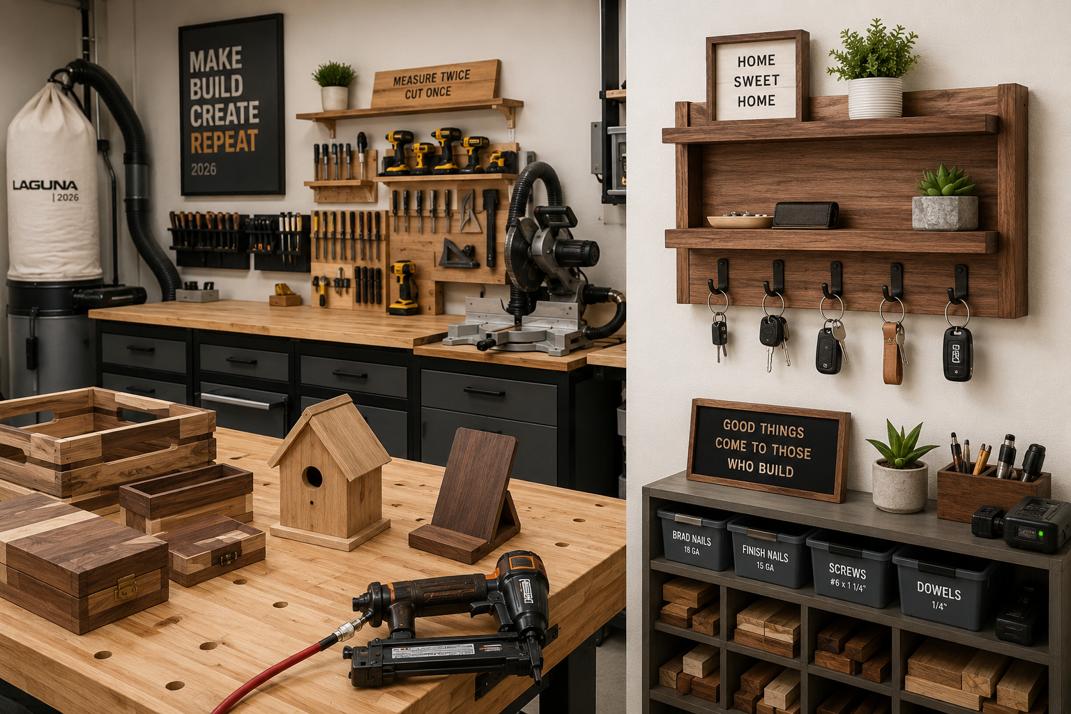 A wide shot of a modern, organized workshop space in 2026, with a completed DIY Wooden Key Holders: Multi-Hook Wall Mount