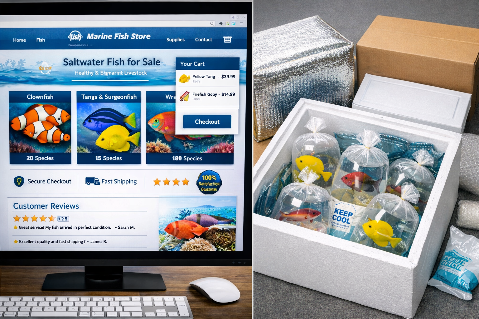 Detailed landscape image (1536x1024) showing professional online shopping interface for marine fish store with multiple browser windows disp