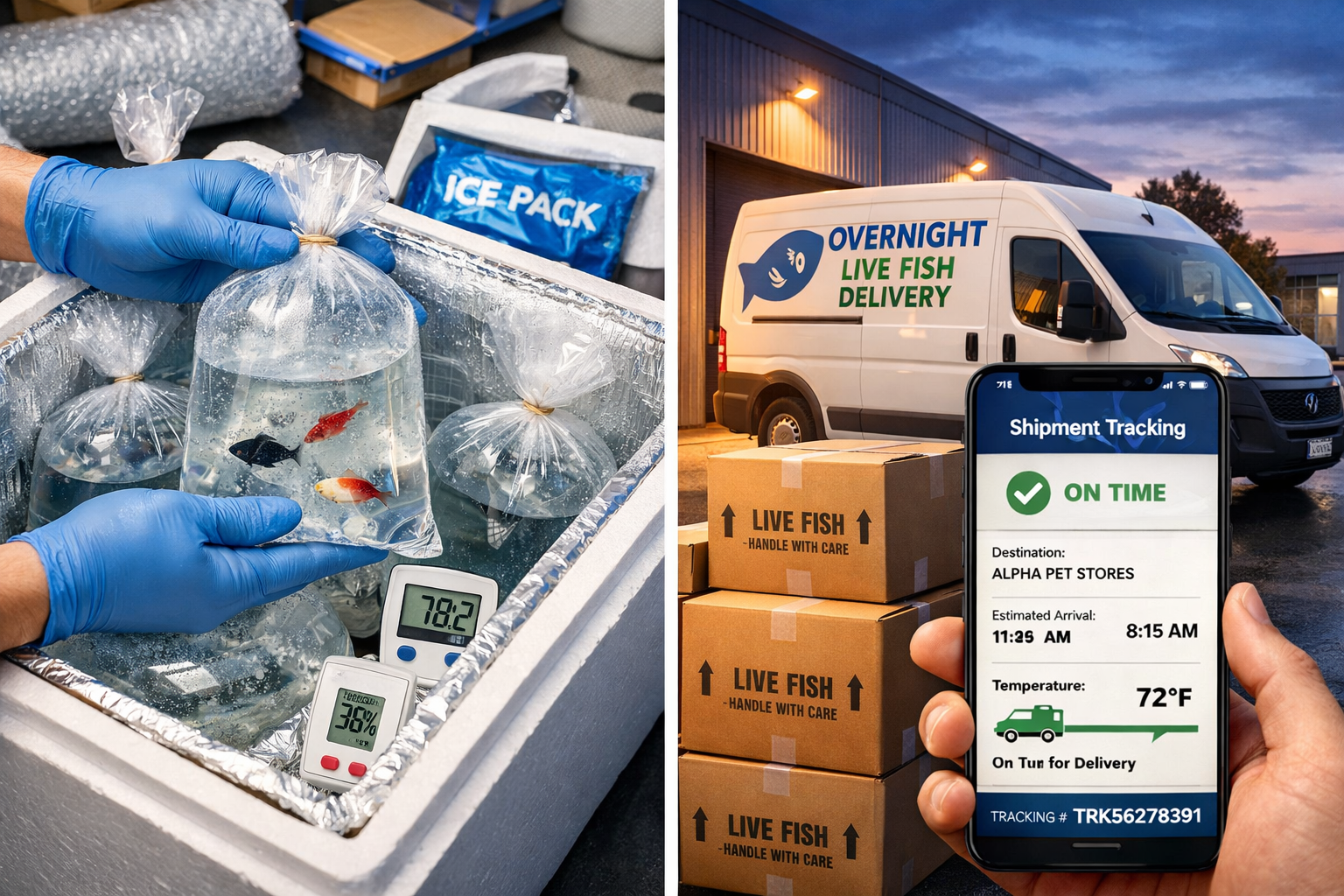 Detailed landscape image (1536x1024) showing professional fish shipping process with insulated packaging, oxygen-filled bags, temperature mo