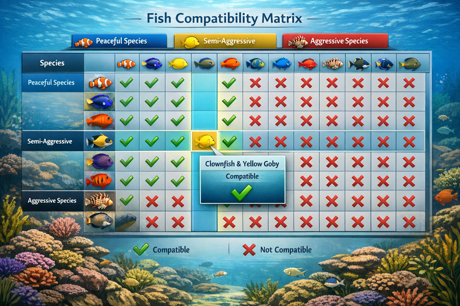 Interactive landscape visualization (1536x1024) displaying marine fish compatibility matrix with colorful fish icons arranged in grid format