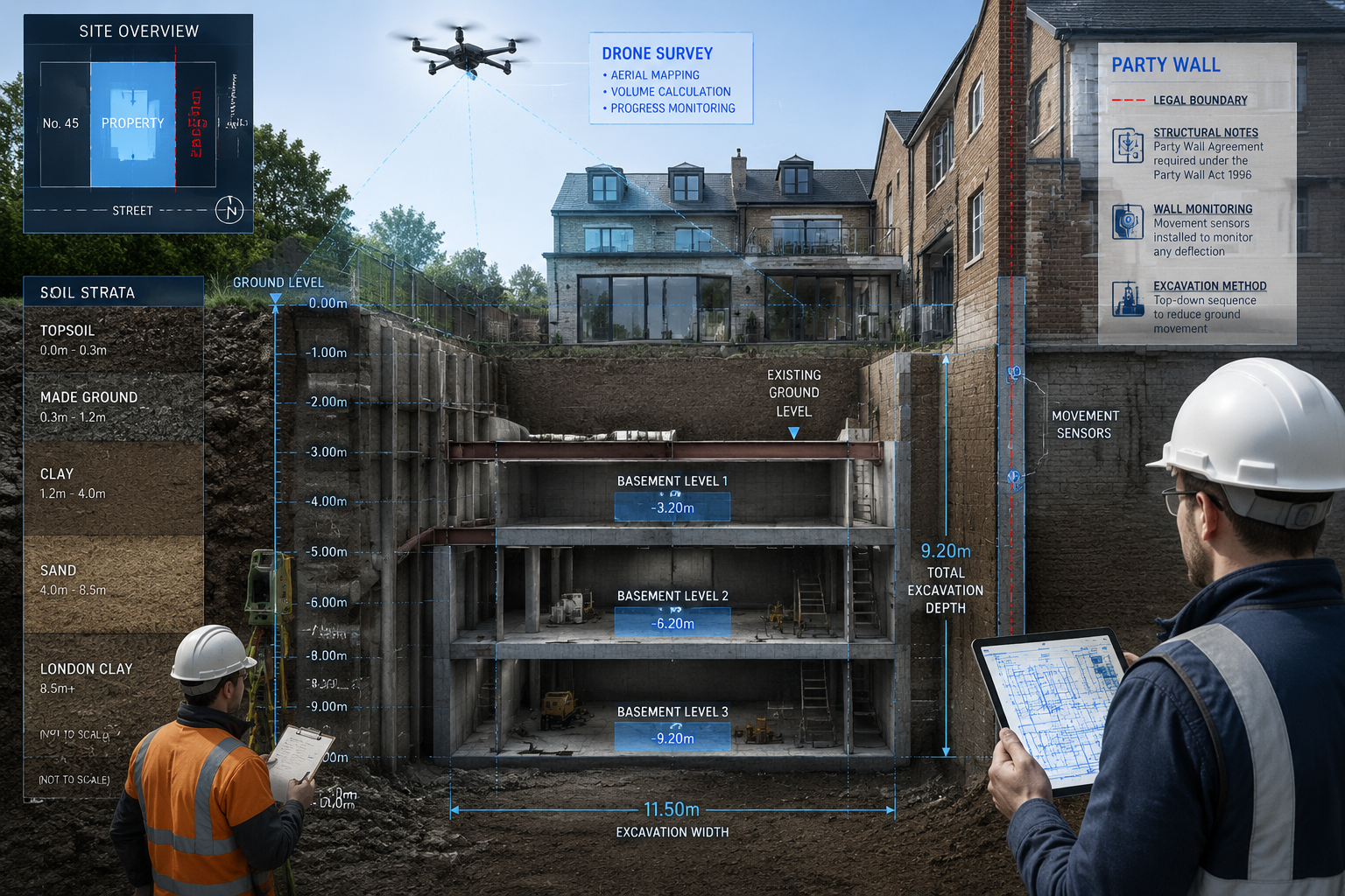 Detailed () editorial illustration showing a cross-section diagram of a residential property undergoing deep basement
