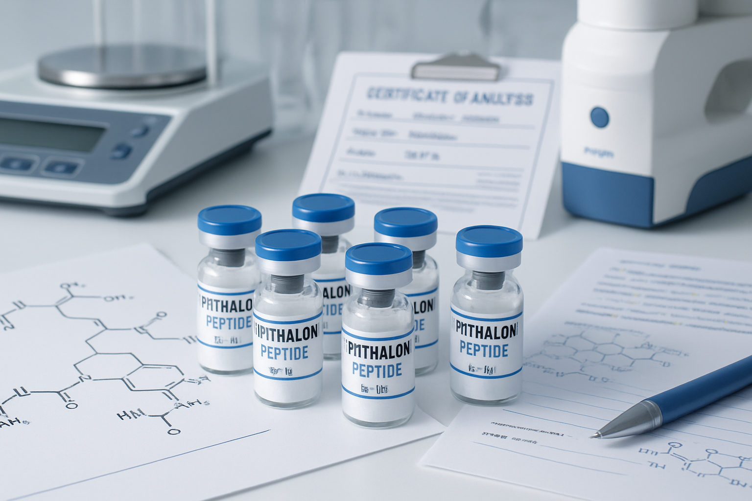 Scientific laboratory scene showing epithalon peptide vials arranged on clean white surface with molecular structure diagrams, research docu