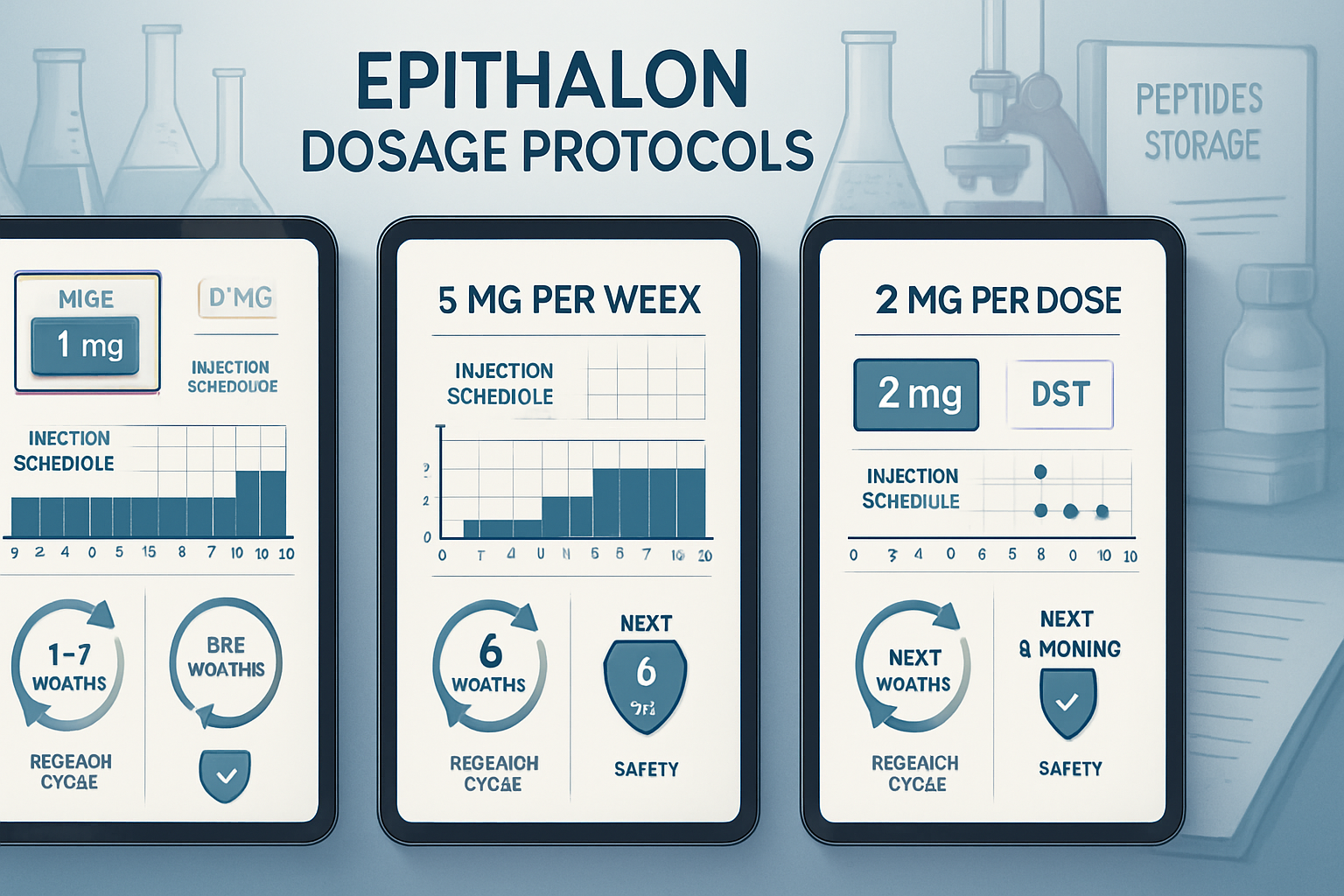 Comparison infographic showing different epithalon dosage protocols with timeline charts, milligram measurements, and research cycle diagram