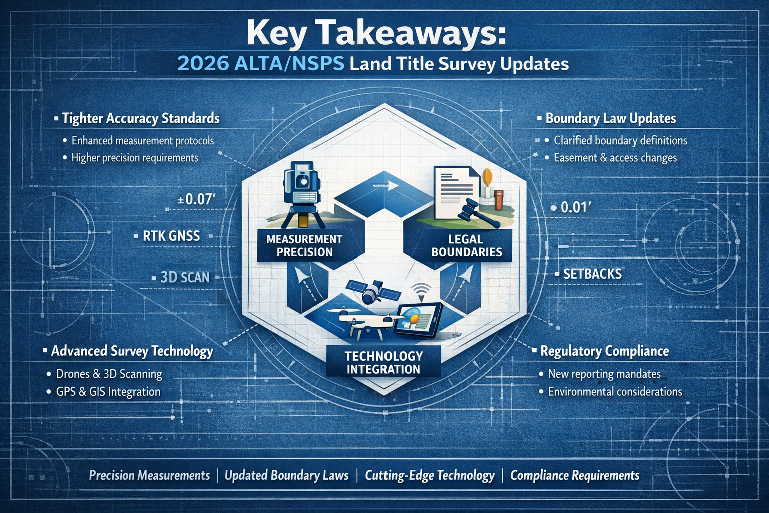 Key Takeaways section infographic visualizing 2026 ALTA/NSPS Land Title Survey Updates, featuring a modern landscape-oriented design with ge