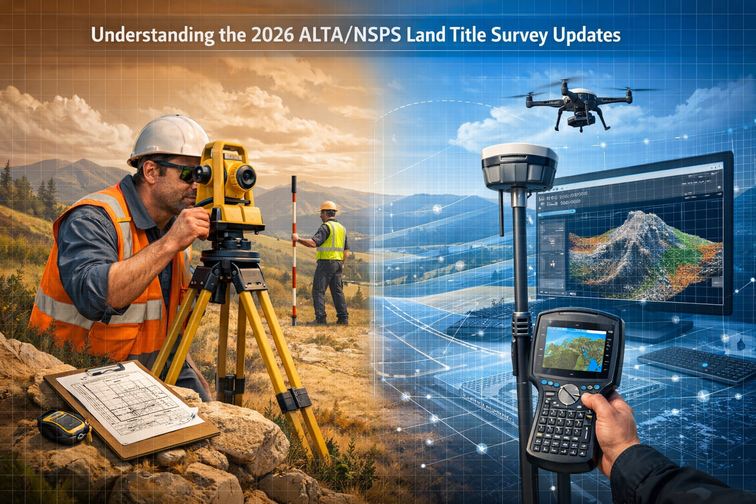 Understanding the 2026 ALTA/NSPS Land Title Survey Updates section visual, depicting a split-screen professional landscape showing tradition