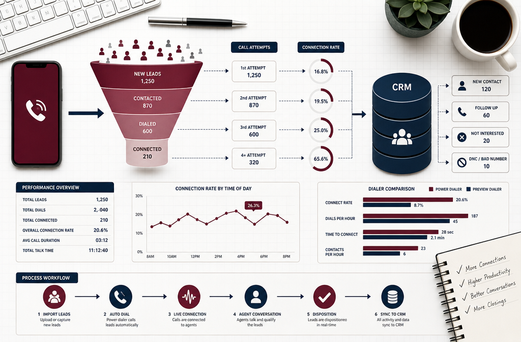 Flat-lay infographic style illustration showing a power dialer workflow diagram: phone icon connecting to a funnel of real