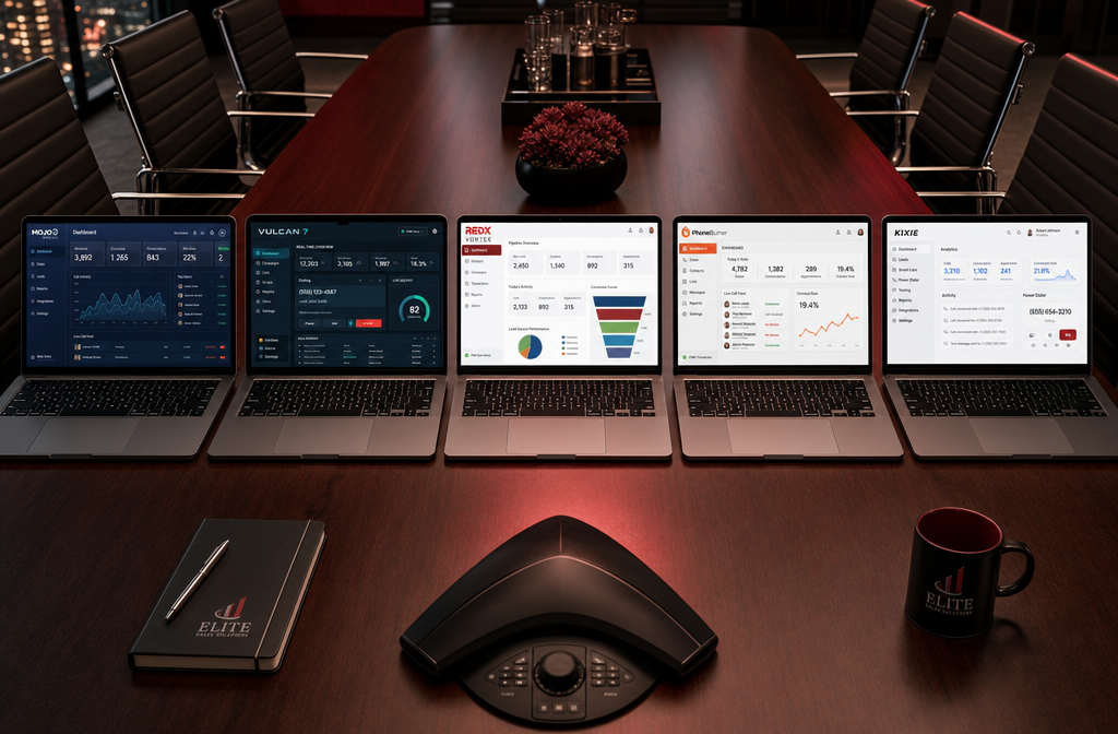 Side-by-side comparison grid of five power dialer software dashboards &mdash; Mojo Dialer, Vulcan 7, REDX Vortex, PhoneBurner, and