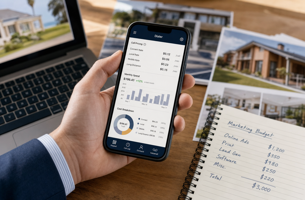 Close-up shot of a real estate agent's hand holding a smartphone with a dialer app open showing call pricing tiers and