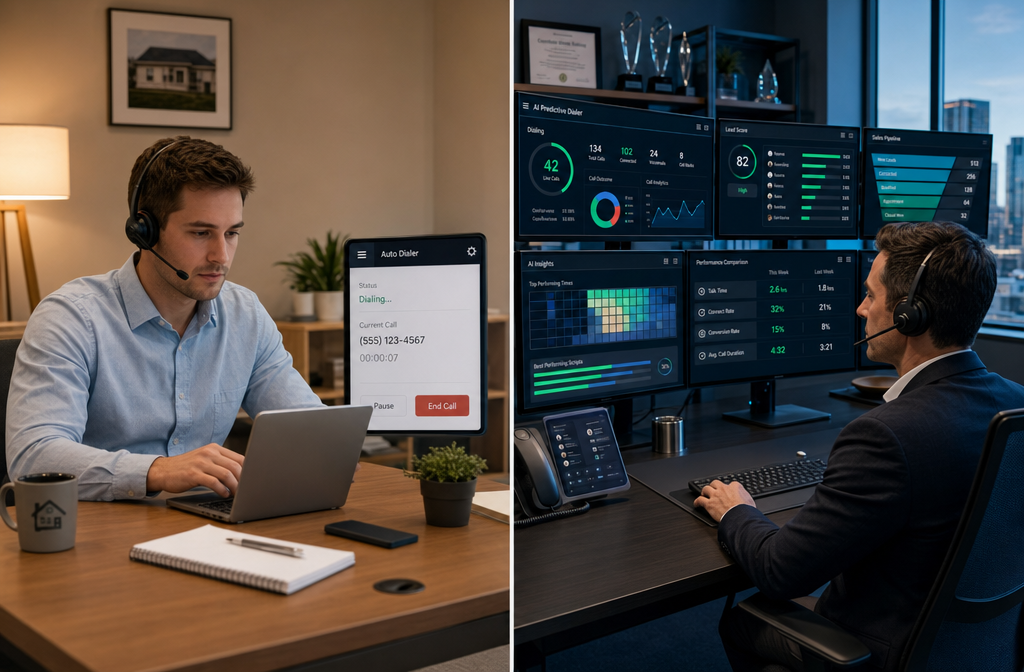 Split-scene illustration showing two real estate agents side by side: on the left a newer agent using a basic auto dialer