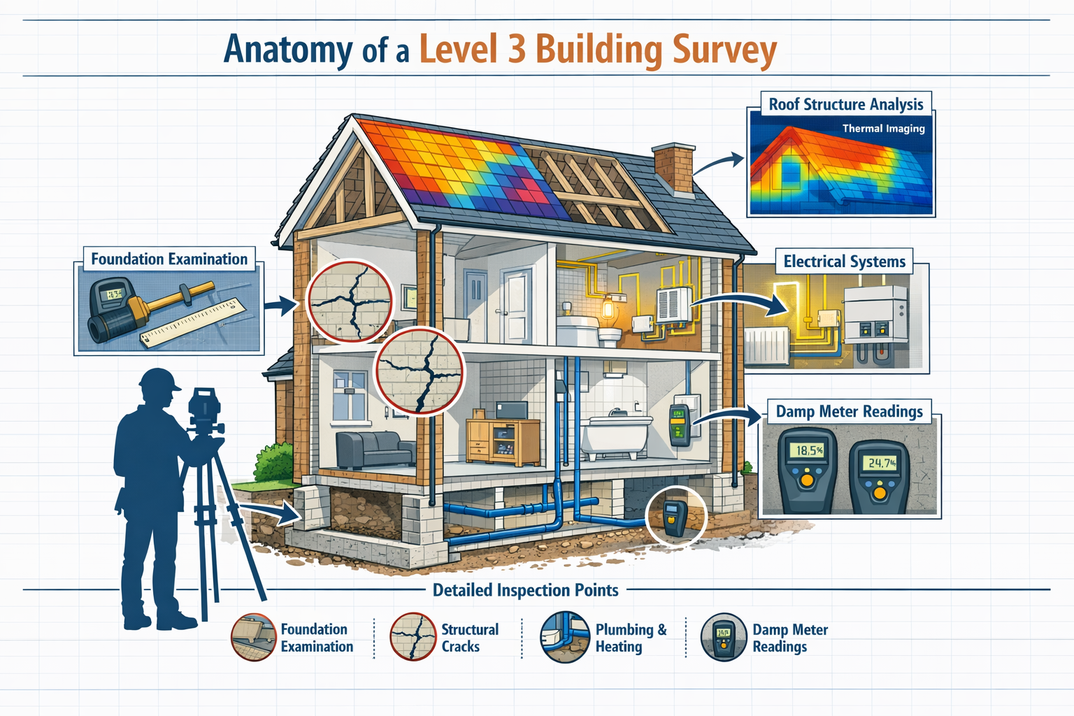 () detailed infographic showing the anatomy of a Level 3 Building Survey with cutaway cross-section of a UK residential
