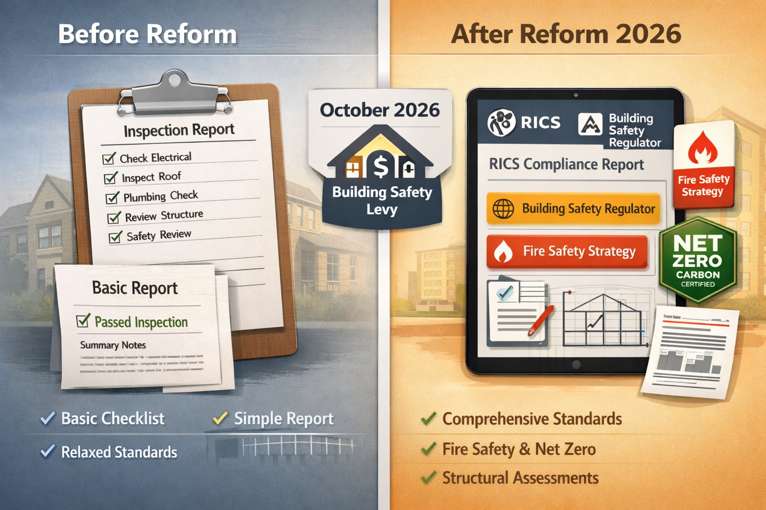 () split-screen comparison visual showing 'Before Reform' versus 'After Reform 2026' regulatory landscape. Left side