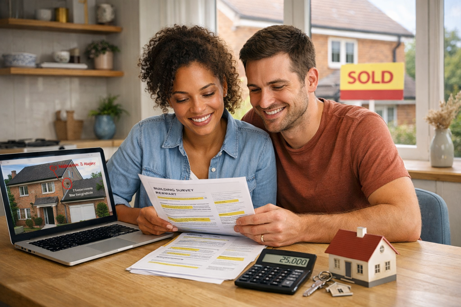 () warm, hopeful scene showing diverse first-time buyers (young couple, early 30s) sitting at modern kitchen table reviewing