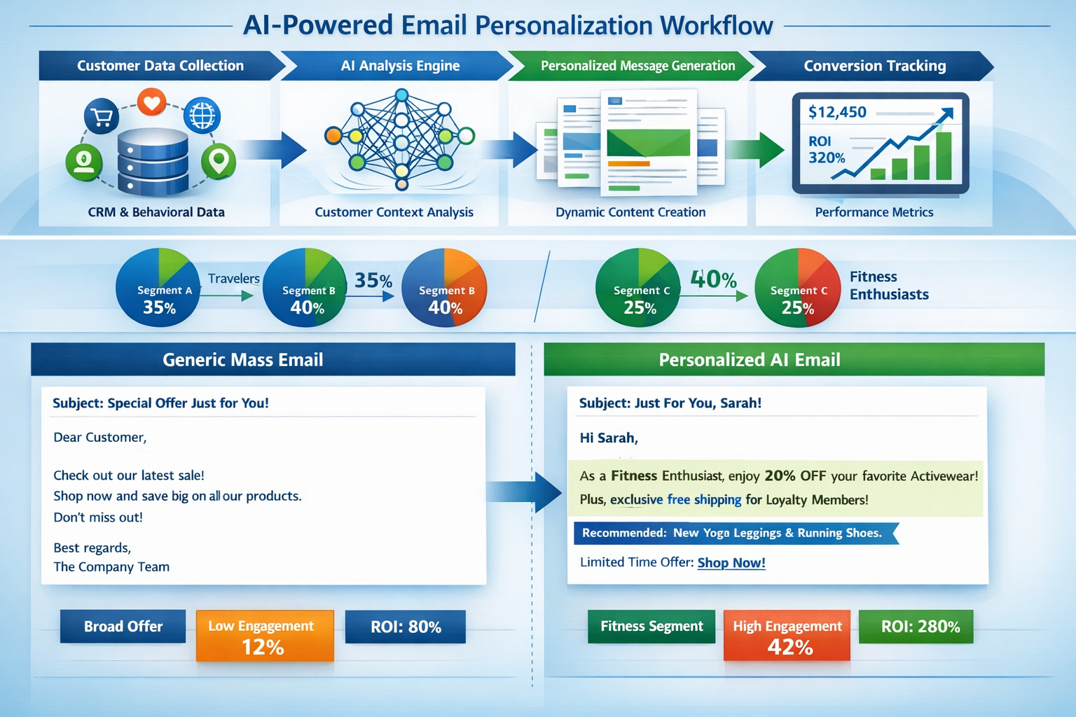 Landscape format (1536x1024) detailed infographic showing AI-powered email personalization workflow with four connected stages: customer dat