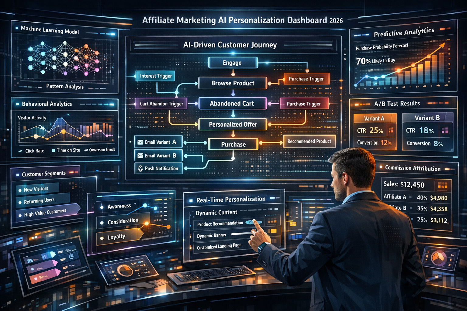 Landscape format (1536x1024) comprehensive visual dashboard displaying AI personalization tools and technologies for affiliate marketing in 