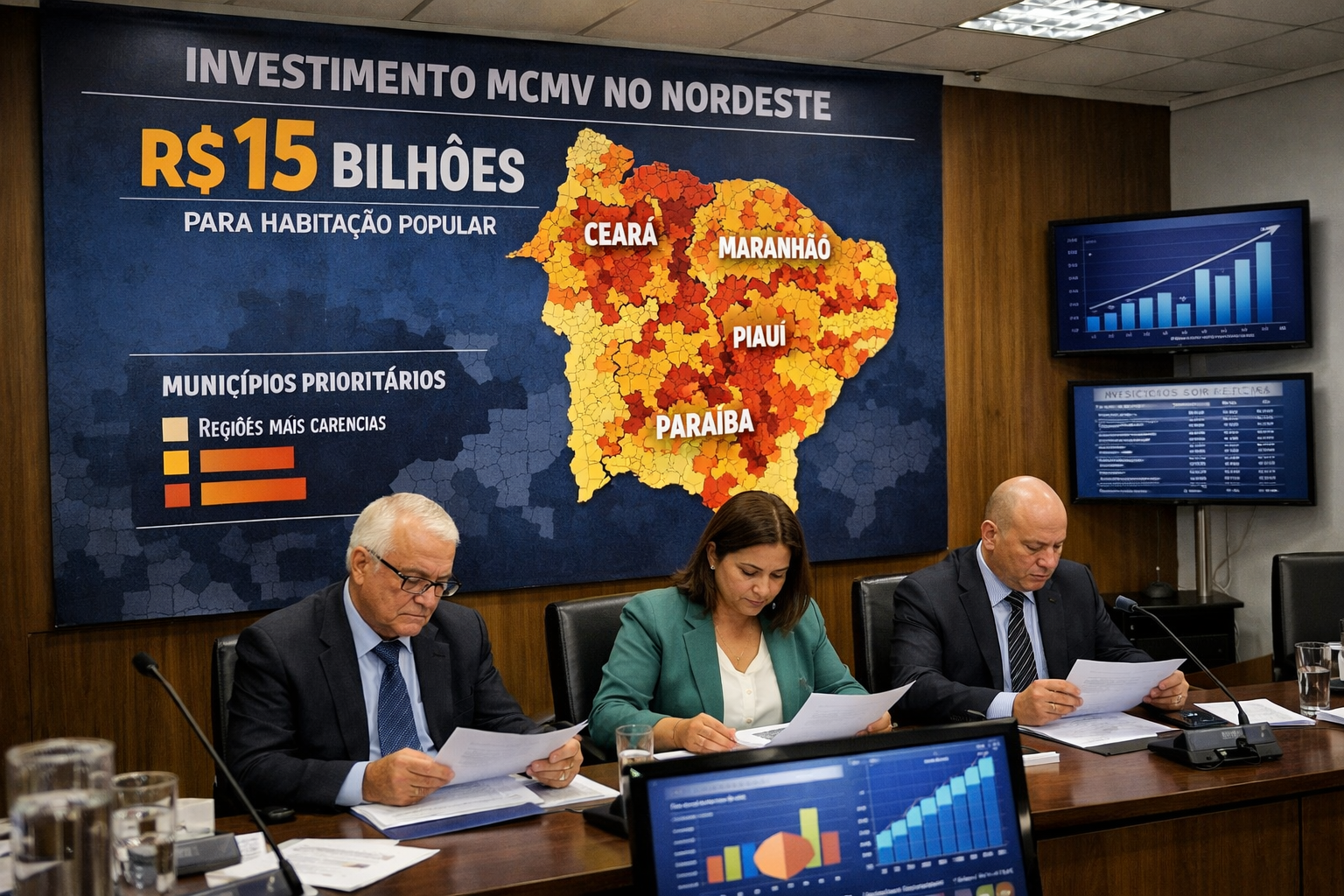 Wide-angle editorial photograph of a Brazilian government housing investment briefing room with large wall-mounted