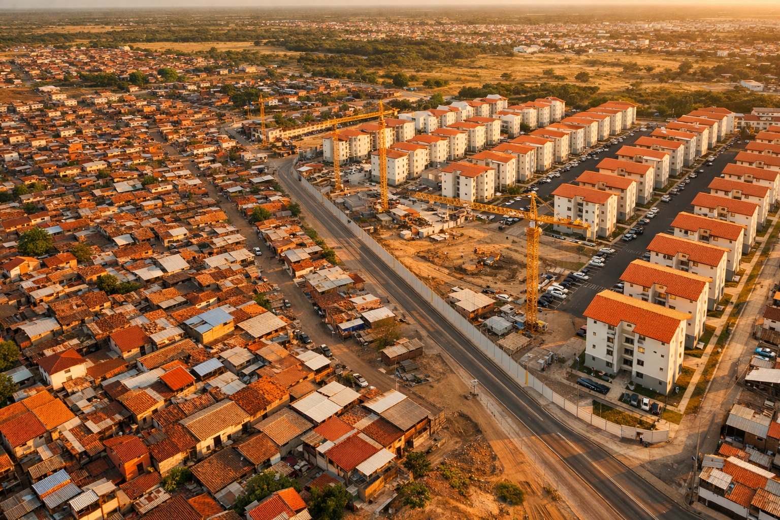 Aerial bird's-eye view photograph of a peripheral Northeast Brazilian municipality showing contrast between informal housing