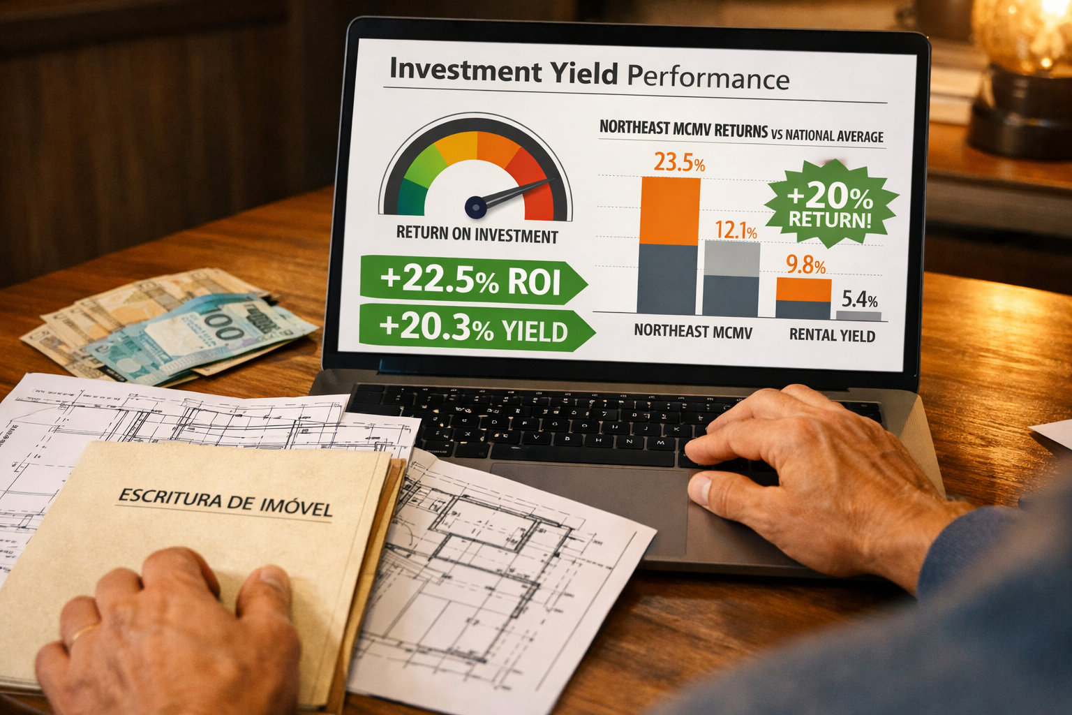 Close-up editorial composite showing a Brazilian real estate investor reviewing a yield performance dashboard on a laptop