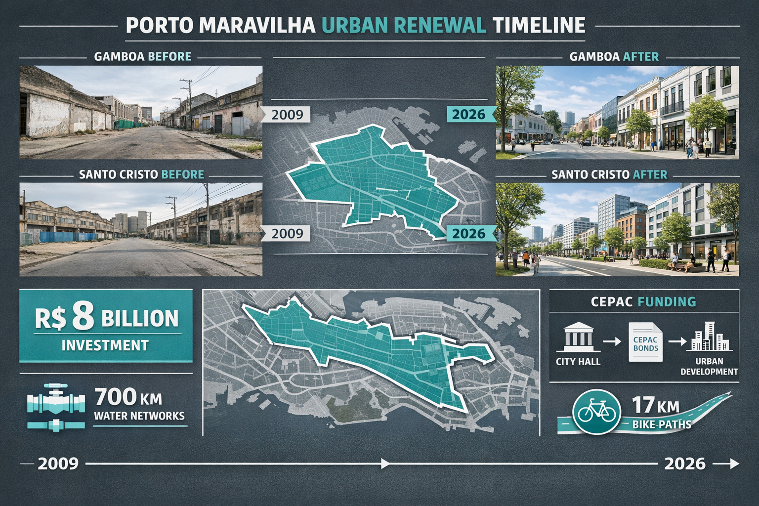 Detailed () editorial infographic showing Porto Maravilha urban renewal timeline from 2009 to 2026, featuring side-by-side