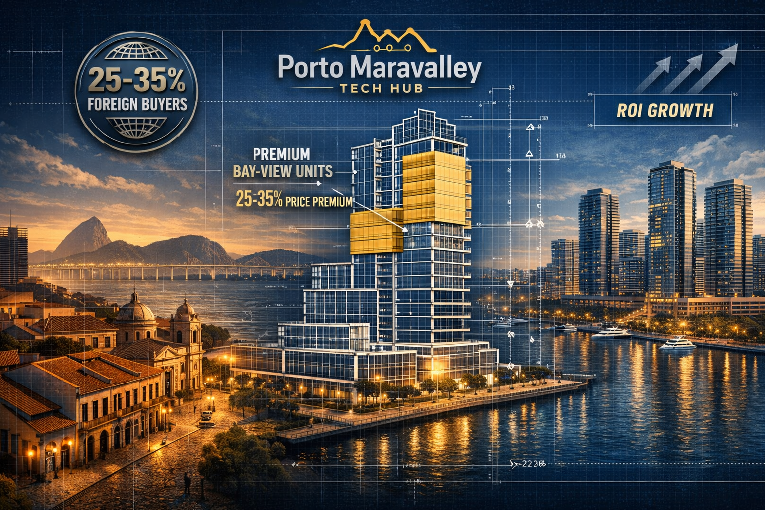 Detailed () developer strategy concept illustration for Porto Maravilha 2026: architectural blueprint on Guanabara Bay