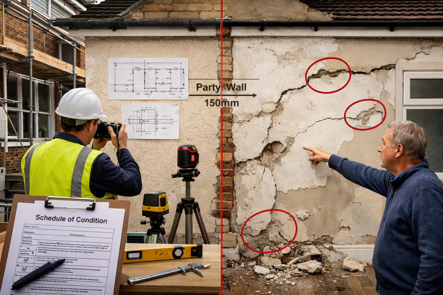 () split-screen comparison photograph showing two adjacent terraced properties with shared party wall. Left side displays