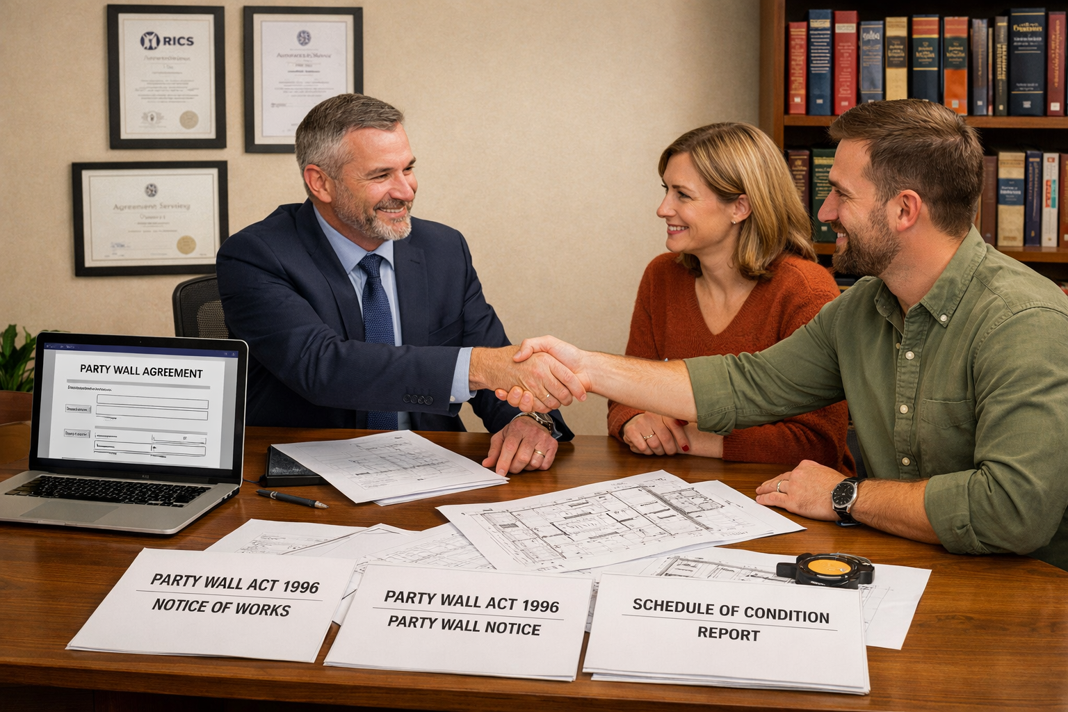 () modern office scene showing chartered surveyor consultation meeting for party wall agreement. Wide desk displays