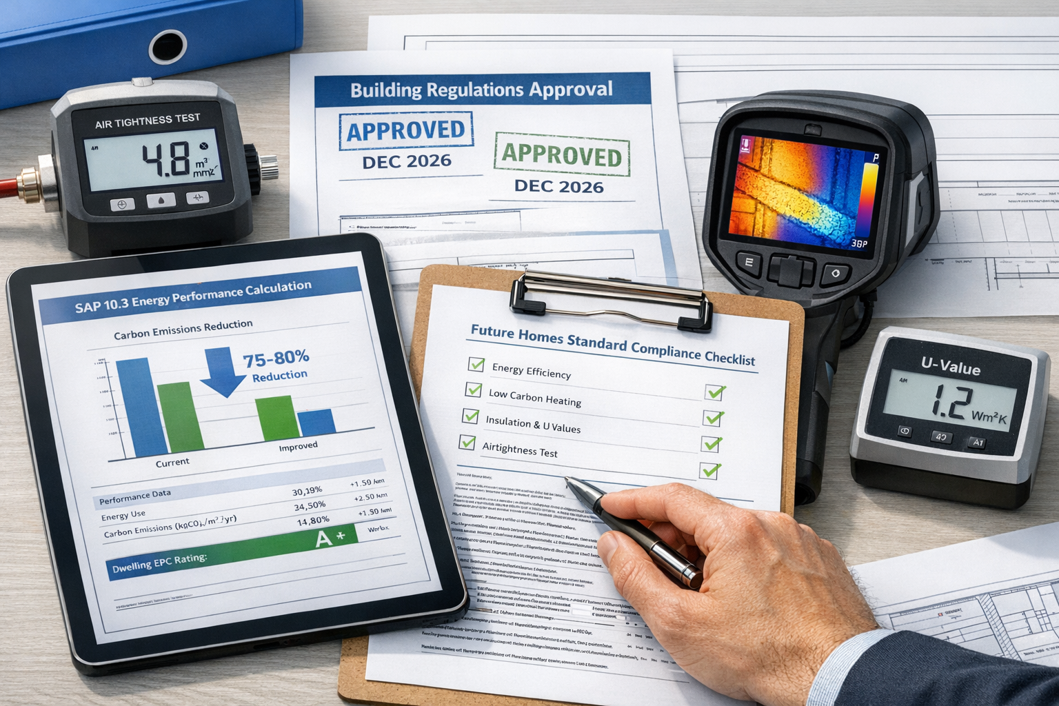 Detailed () image showing close-up of Future Homes Standard compliance documentation and assessment tools: digital tablet