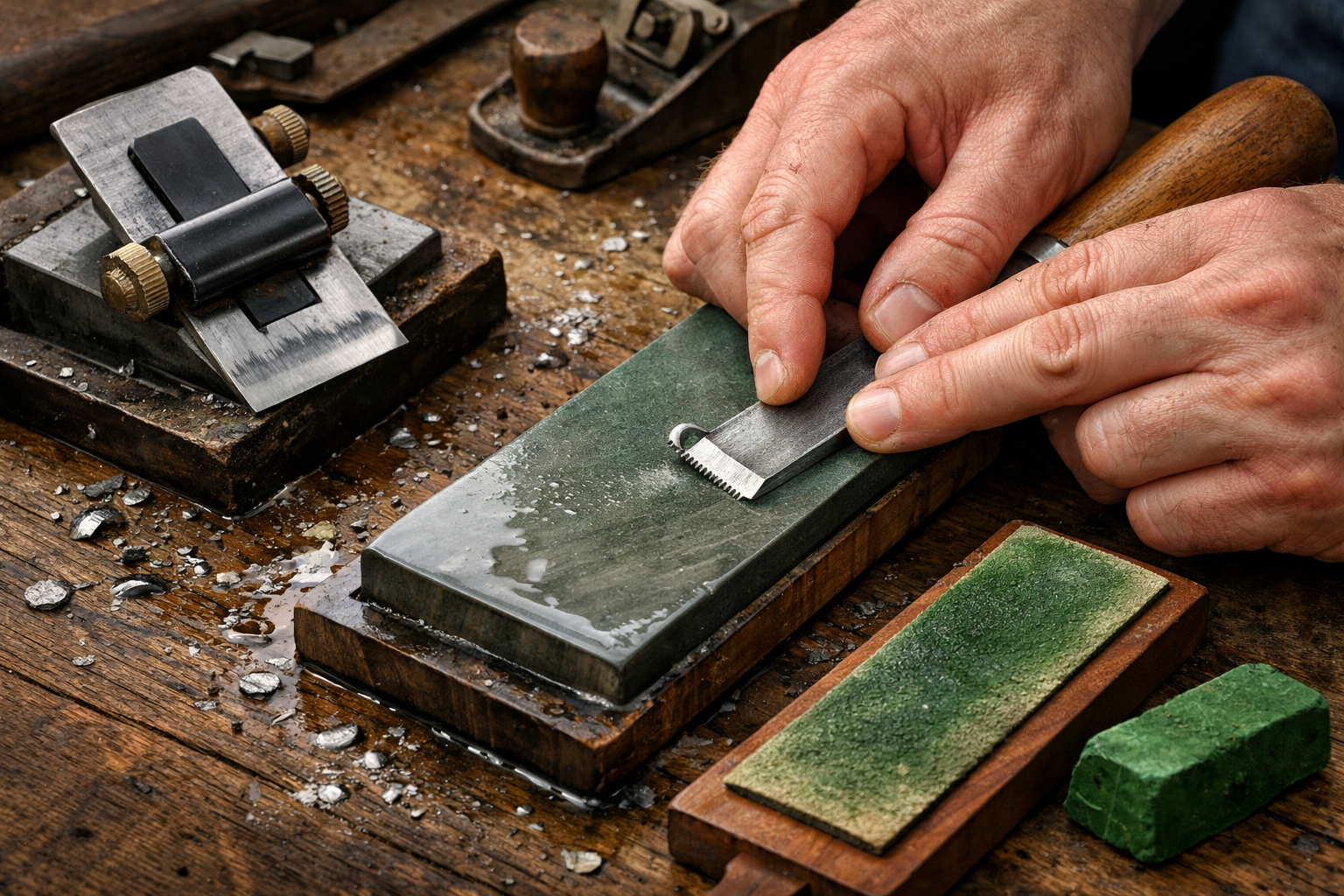() image illustrating the sharpening process for vintage woodworking hand tools. A craftsman's hands are carefully honing a