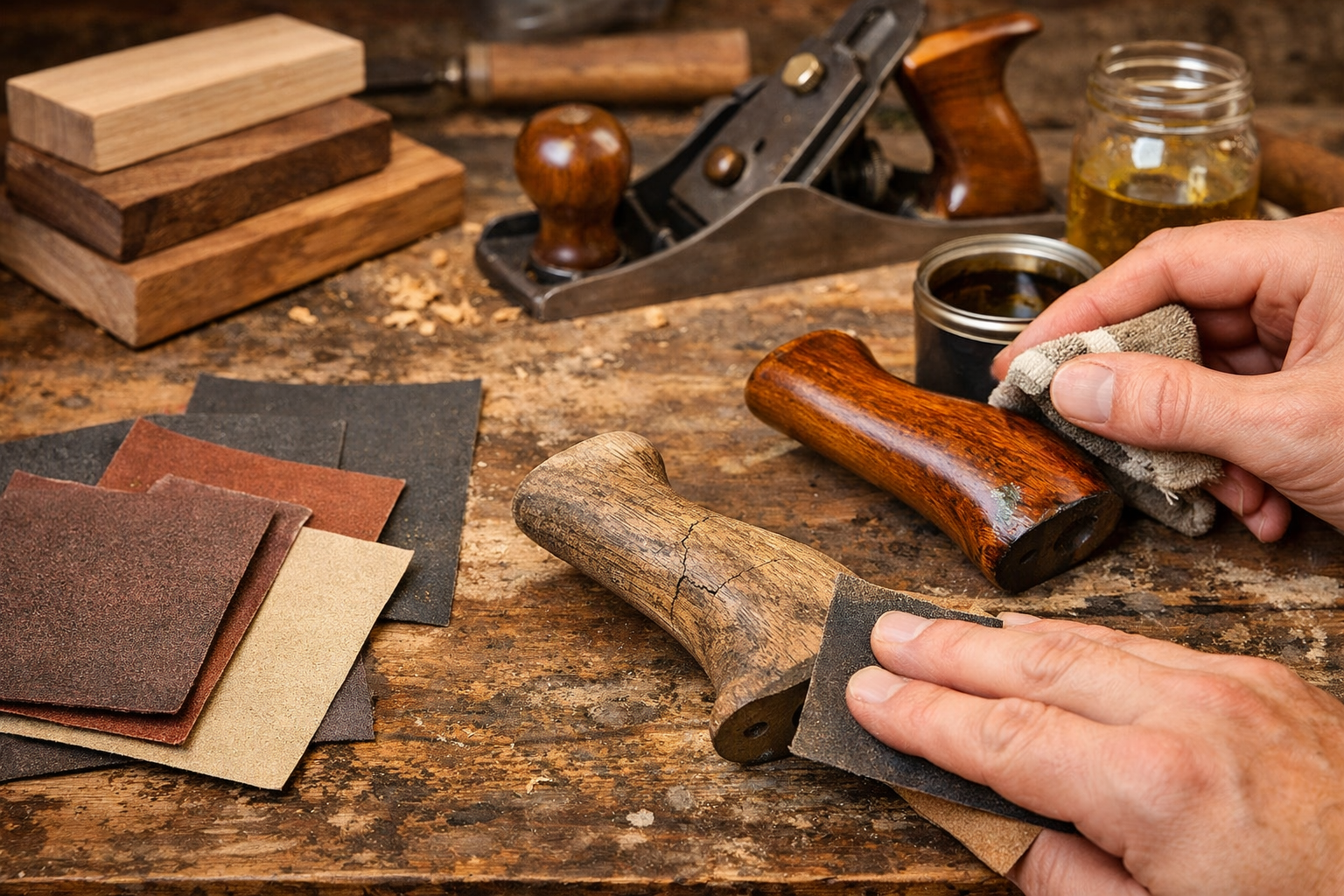 () image depicting the repair and restoration of wooden handles for vintage woodworking hand tools. The foreground shows a