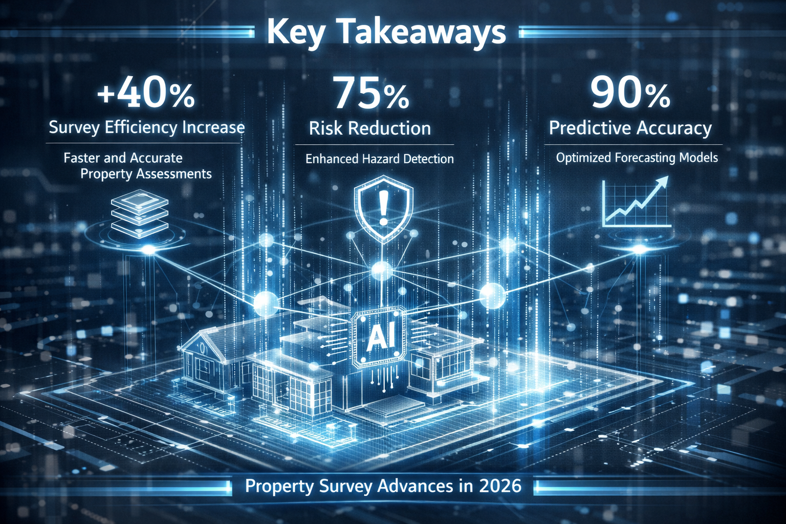 Key Takeaways section visual: Futuristic infographic with holographic data points emerging from a 3D property blueprint, showcasing intercon