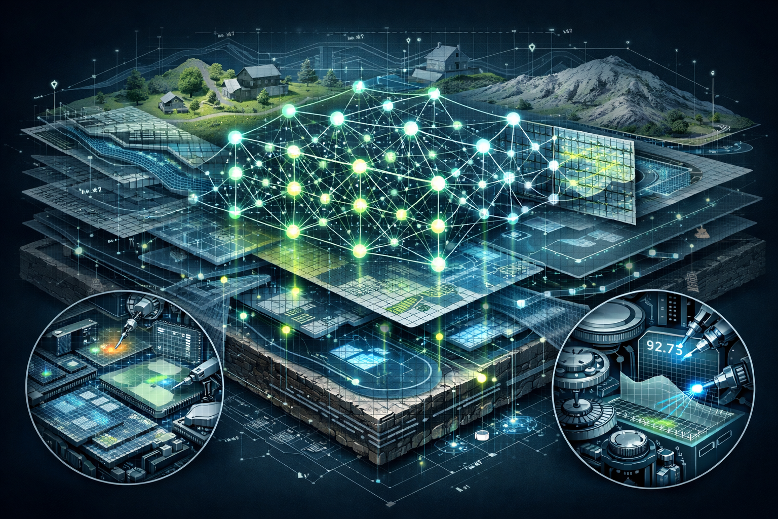 Understanding the Foundation section visual: Cutaway architectural rendering showing machine learning neural network overlaid on a complex p