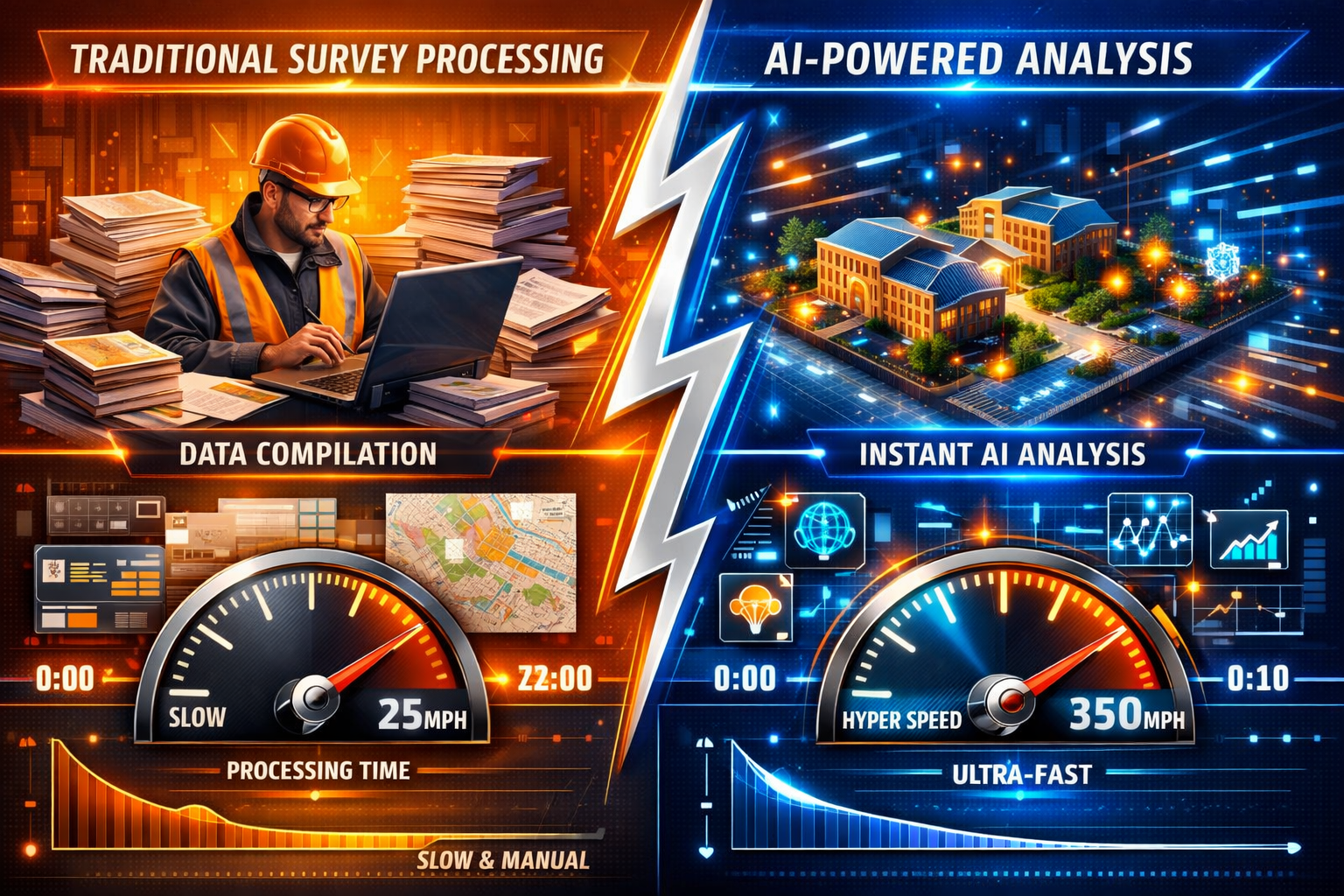 Speed Revolution section visual: Dynamic split-screen visualization comparing traditional property survey data processing versus AI-powered 