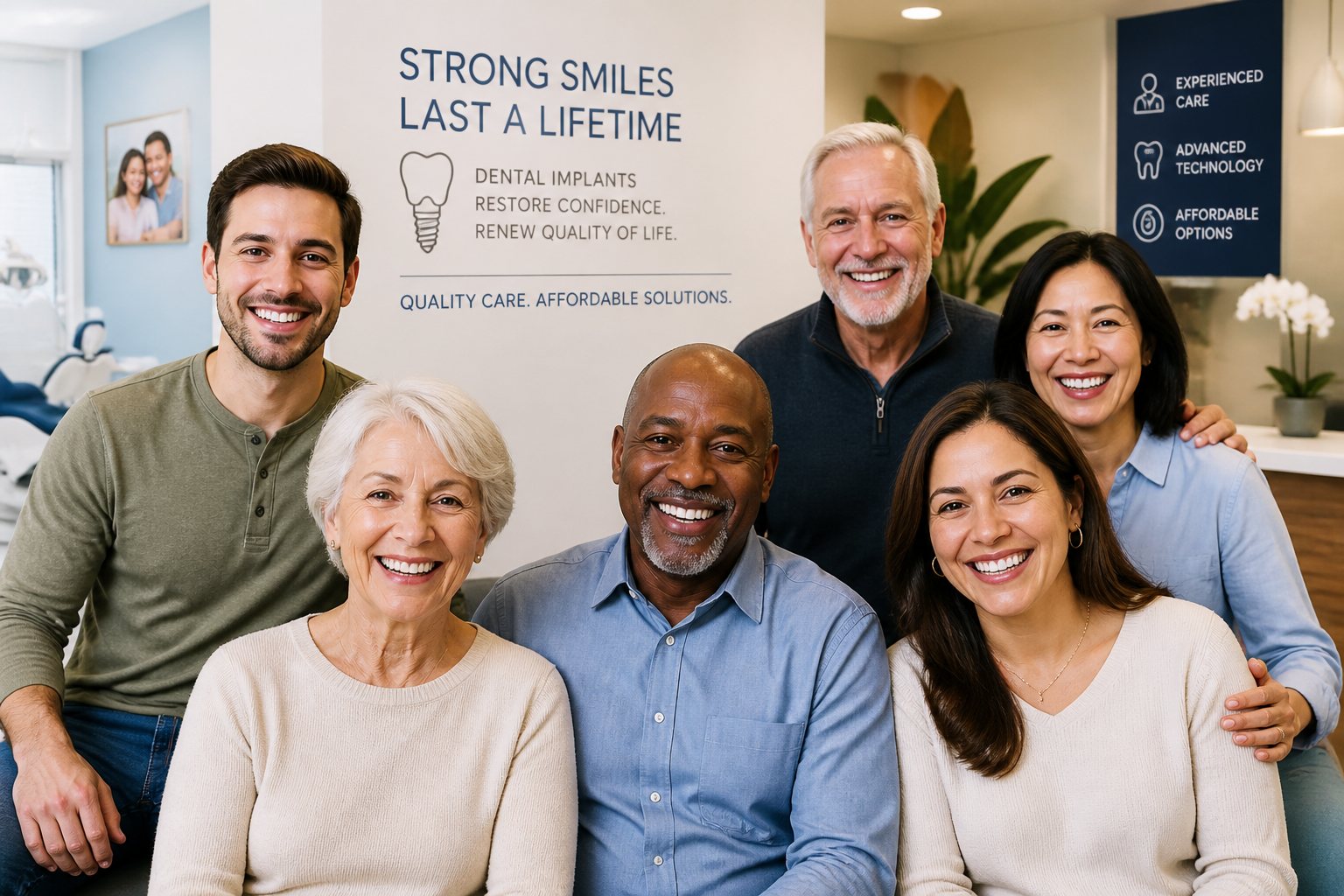 () image illustrating a diverse group of happy, smiling patients of different ages, reflecting successful dental implant