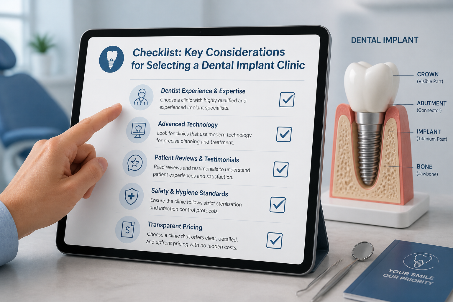 () image showing a checklist of key considerations for selecting a dental implant clinic, including factors like dentist