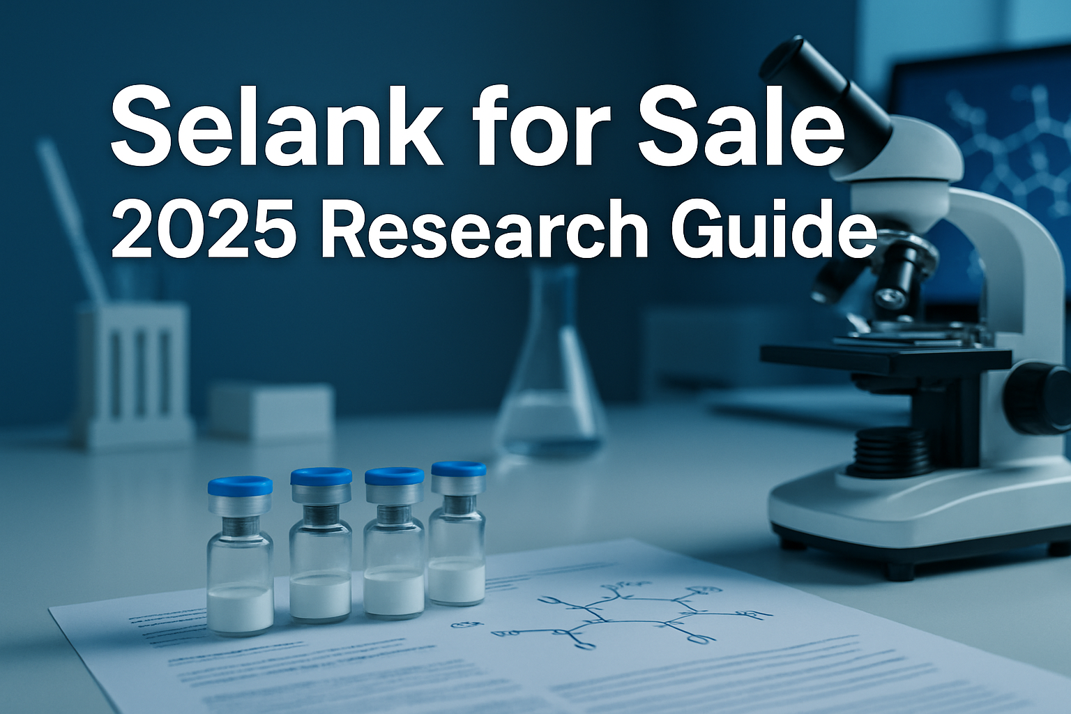 Professional landscape hero image (1536x1024) featuring bold text overlay 'Selank for Sale: 2025 Research Guide' in extra large 72pt white s