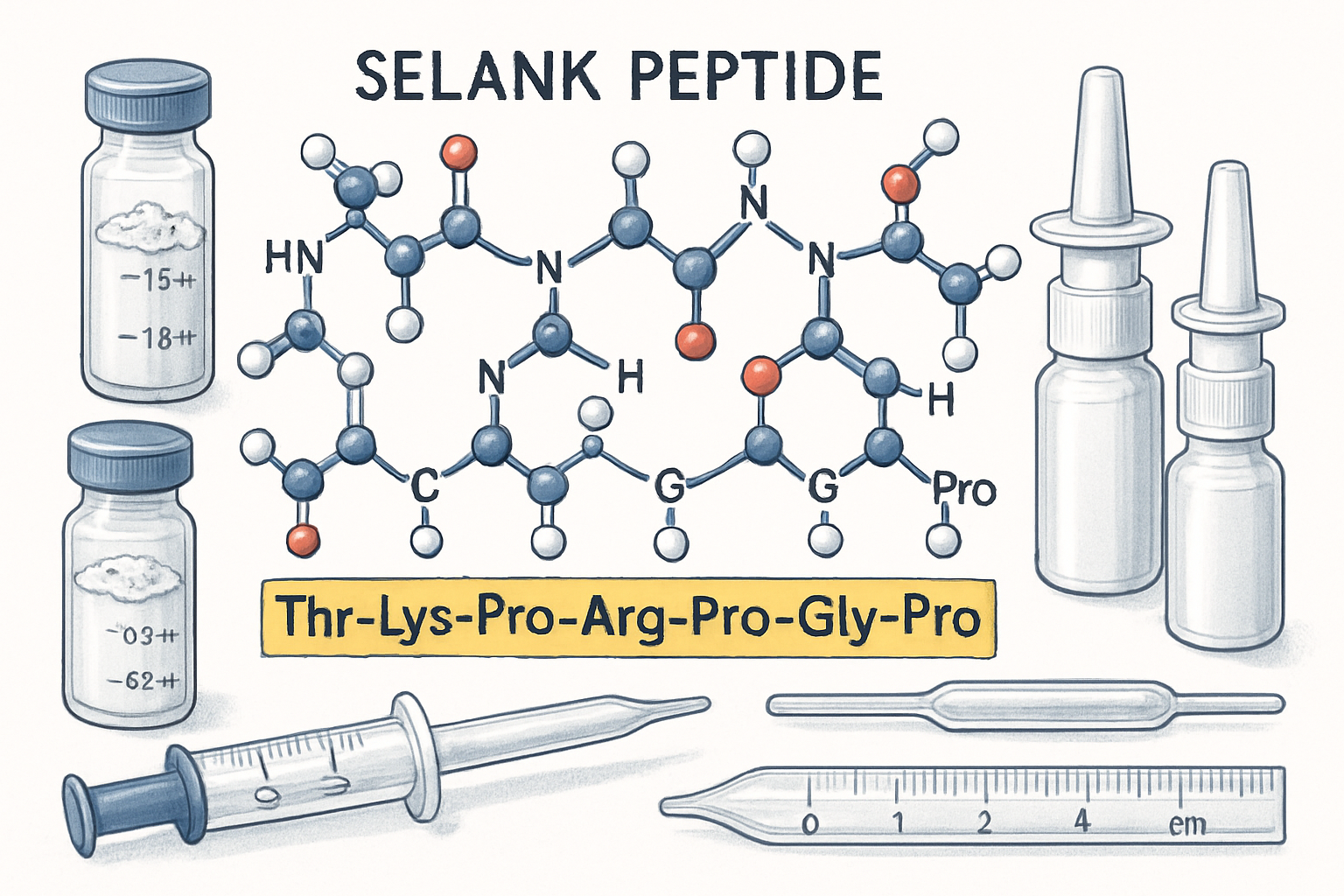 Detailed scientific illustration showing Selank peptide molecular structure with amino acid sequence Thr-Lys-Pro-Arg-Pro-Gly-Pro highlighted