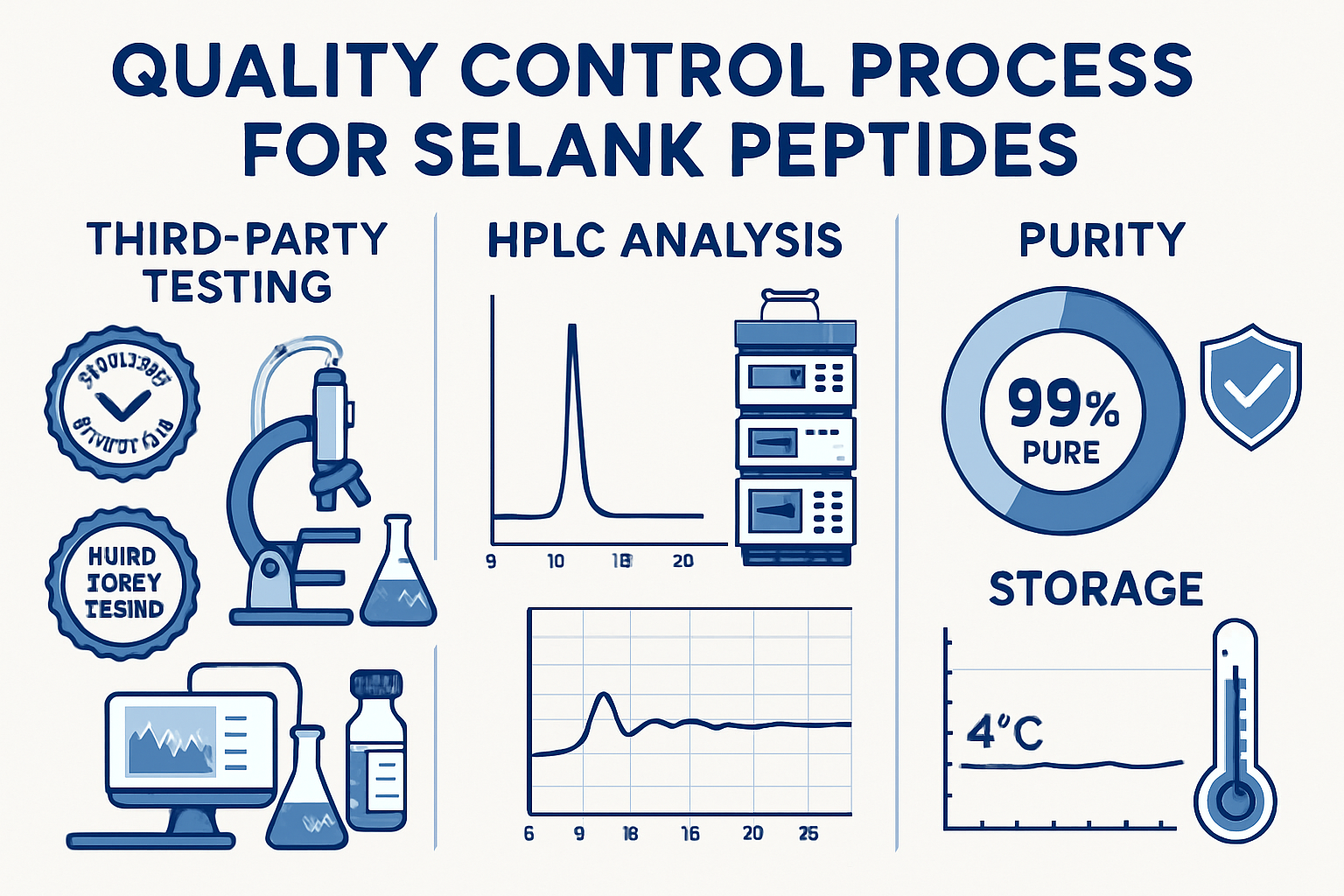 Comprehensive infographic displaying quality control process for Selank peptides featuring third-party testing certificates, HPLC chromatogr