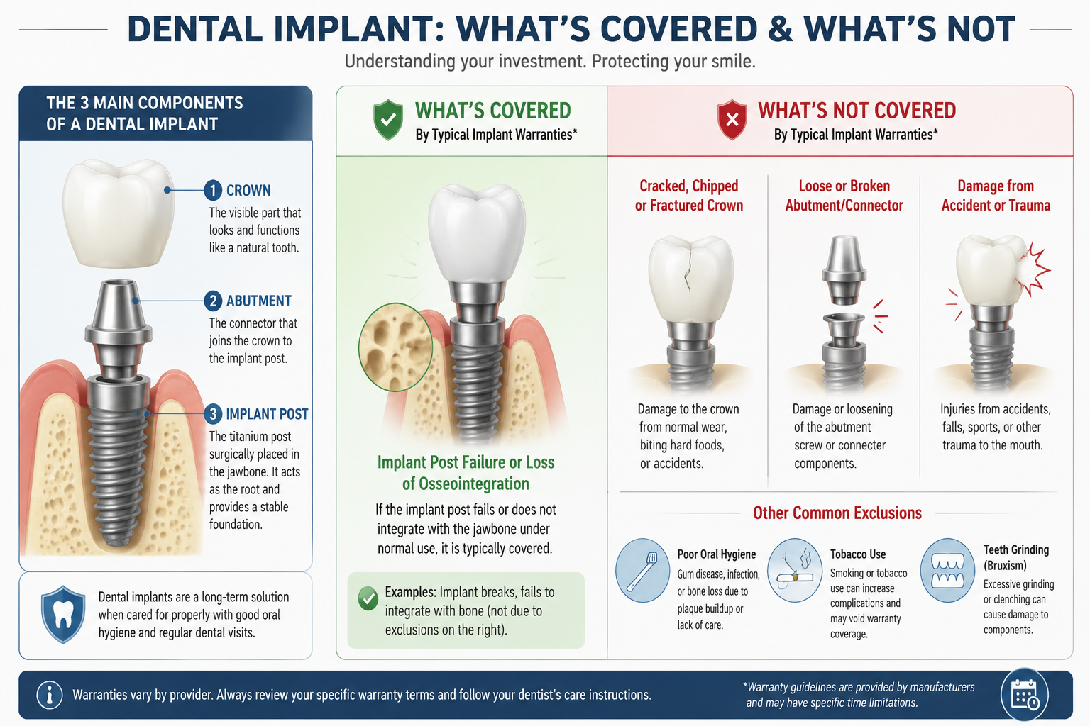 () image showing a schematic diagram of a dental implant, clearly labeling its three main components: the implant post,