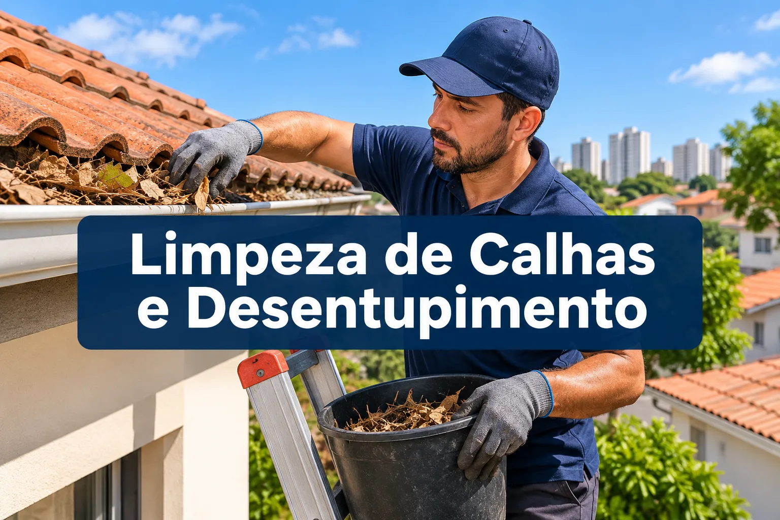 Professional () hero image with (≤42 chars): 'Limpeza de Calhas e Desentupimento', white on a dark navy semi-transparent