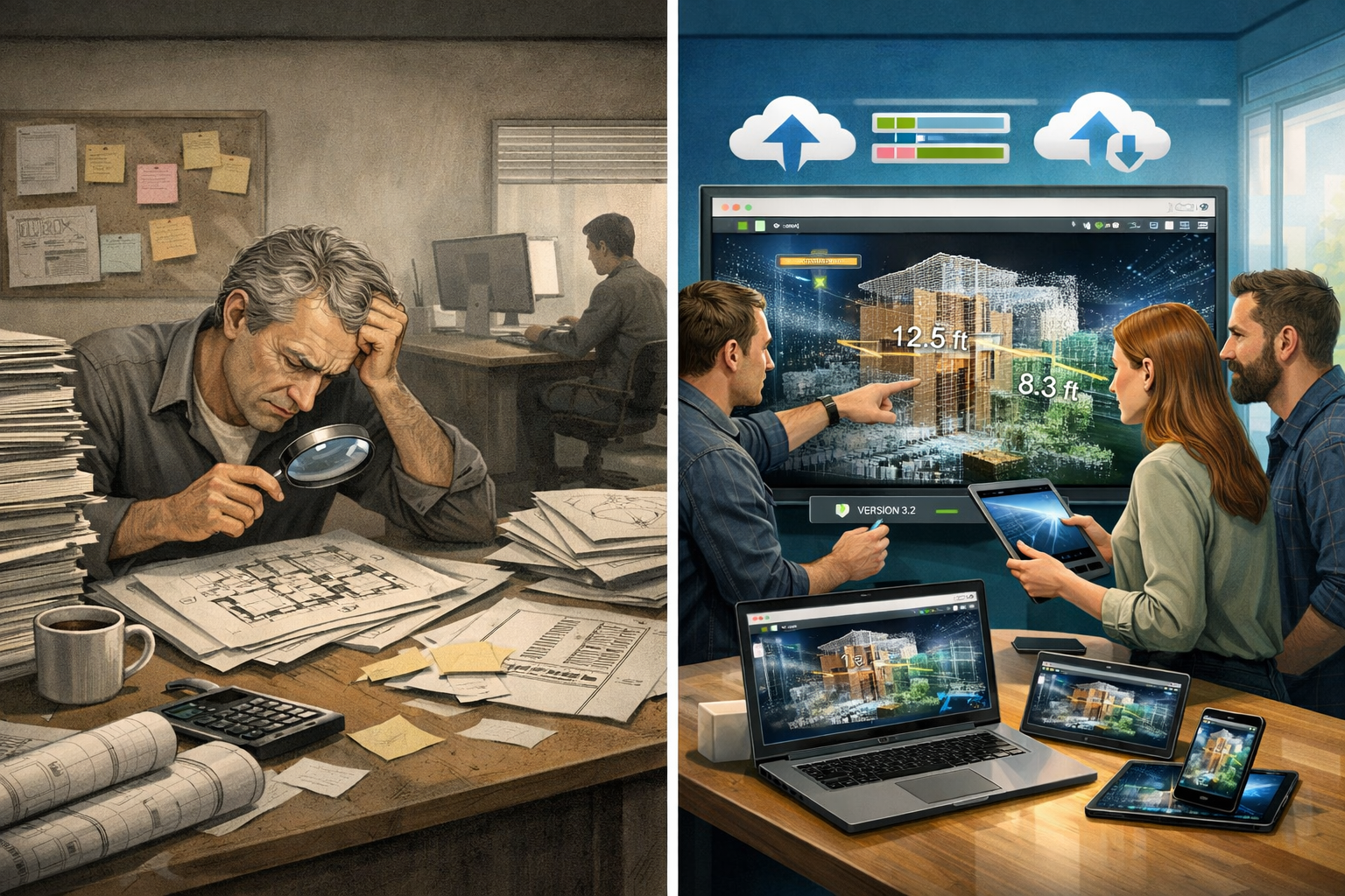Landscape format (1536x1024) detailed illustration showing side-by-side comparison of traditional versus modern survey deliverables workflow