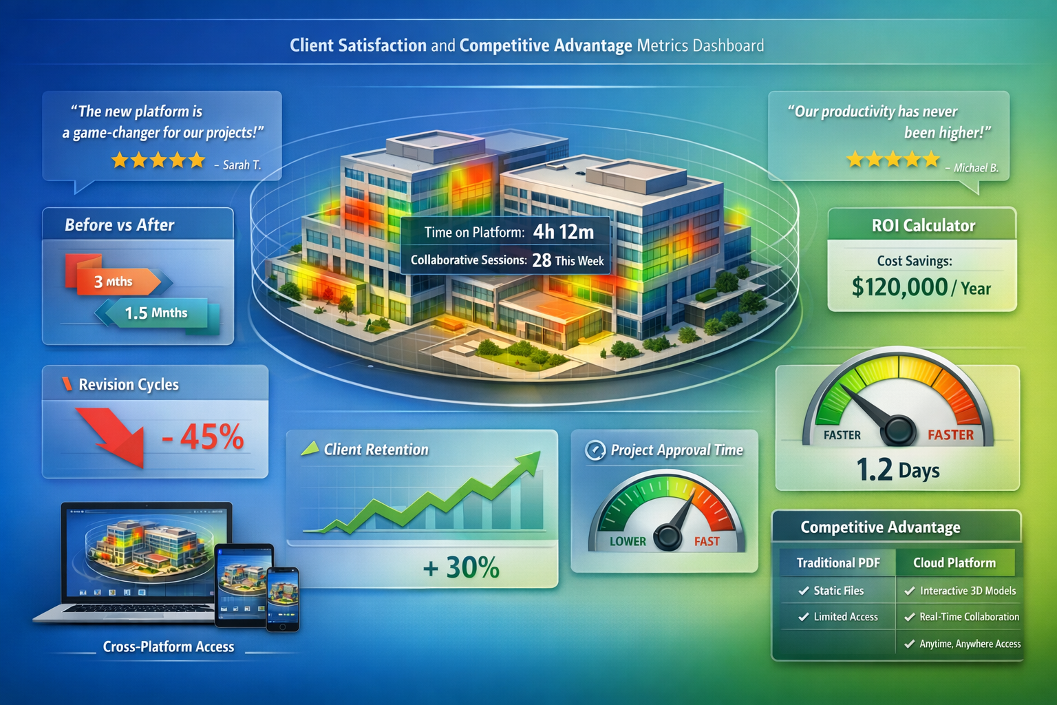 Landscape format (1536x1024) conceptual visualization showing client satisfaction and competitive advantage metrics dashboard. Central focus