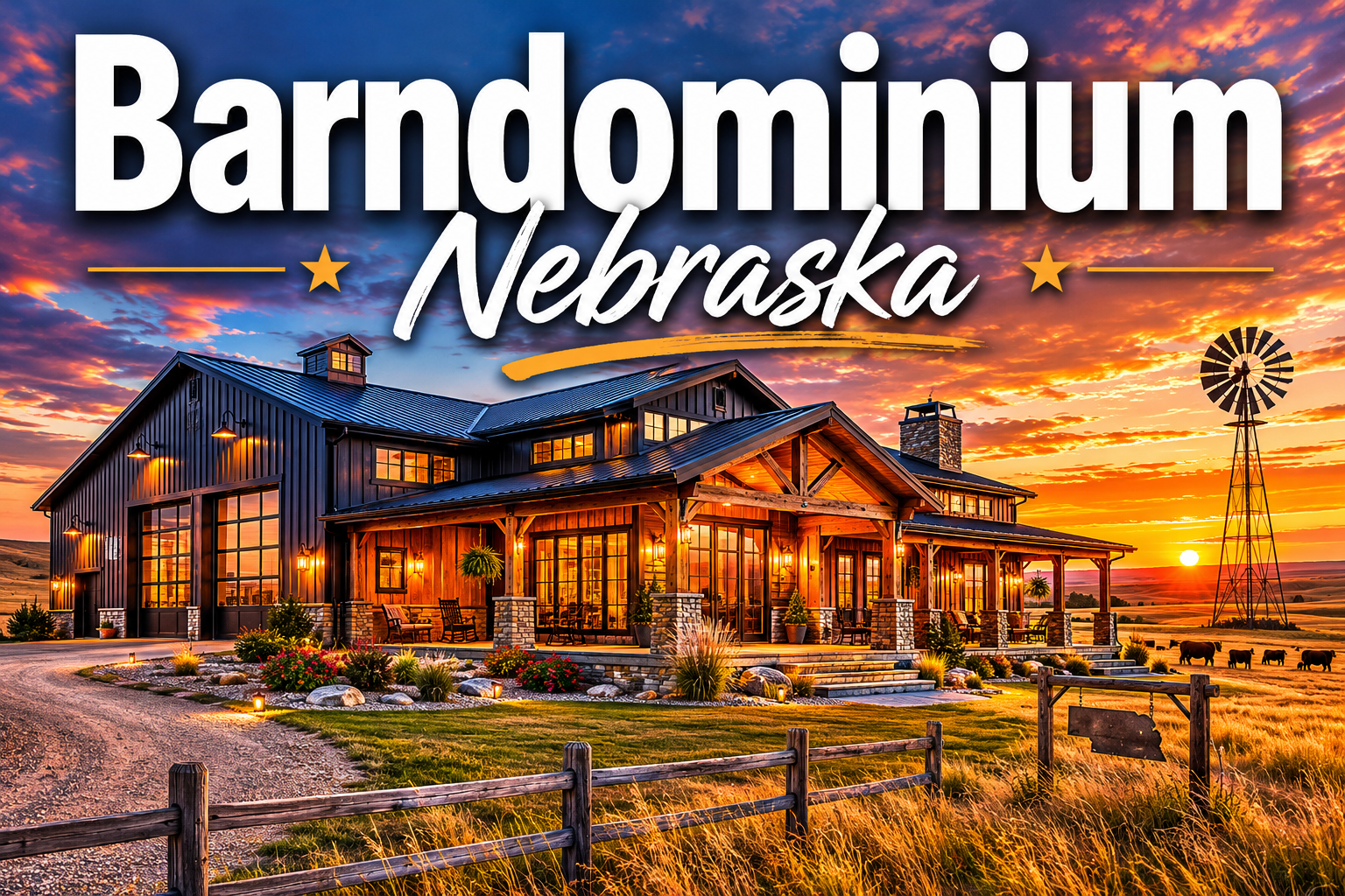Professional () hero image with : 'Barndominium Nebraska' in extra large white with dark drop , centered in upper third.